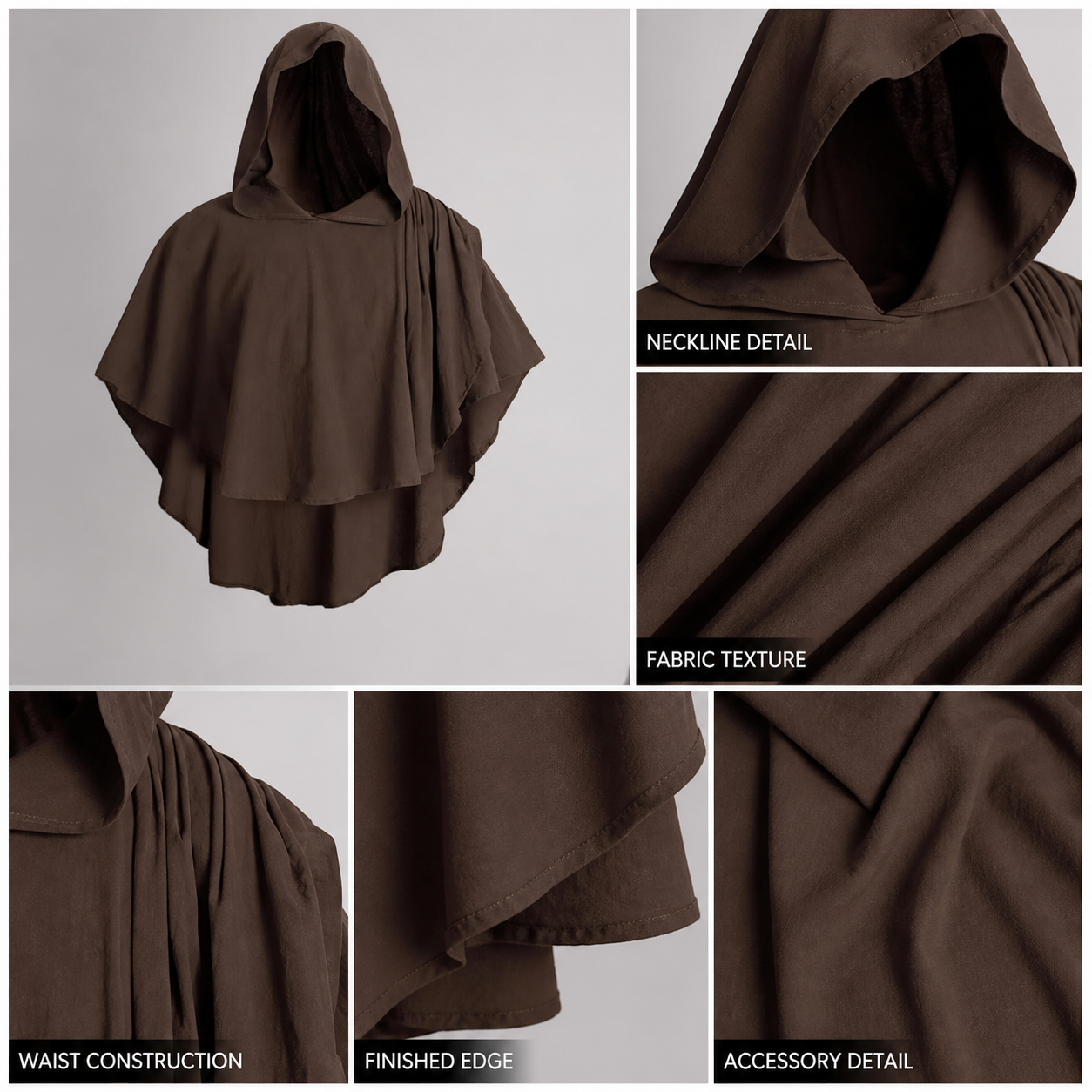 Women's Hooded Wanderer Cloak Costume with Layered Hem, Shoulder Draped Pleats detail view 4