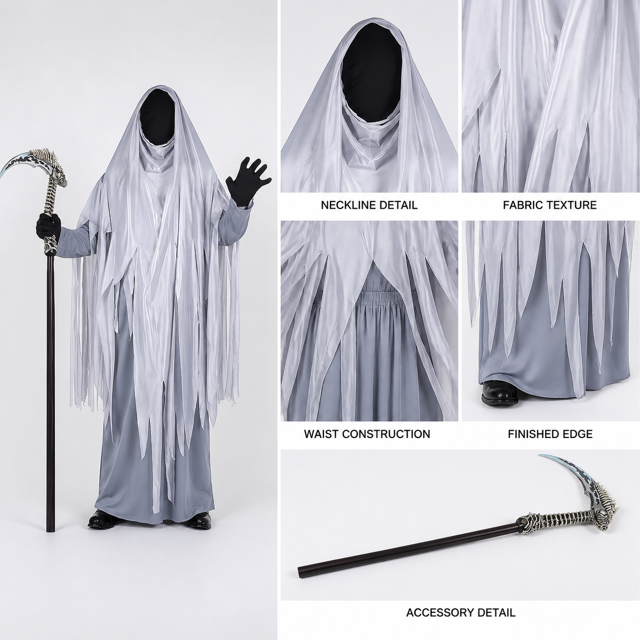 Ghostly Gray Grim Reaper Hooded Full Body Costume with Tattered Fringes