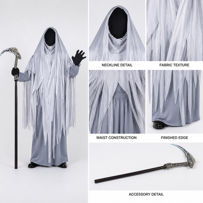 Ghostly Gray Grim Reaper Hooded Full Body Costume with Tattered Fringes