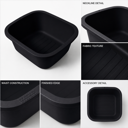 Black Square Plastic Water Bucket, Wide Rounded Rectangular Opening, Tapered detail view 4