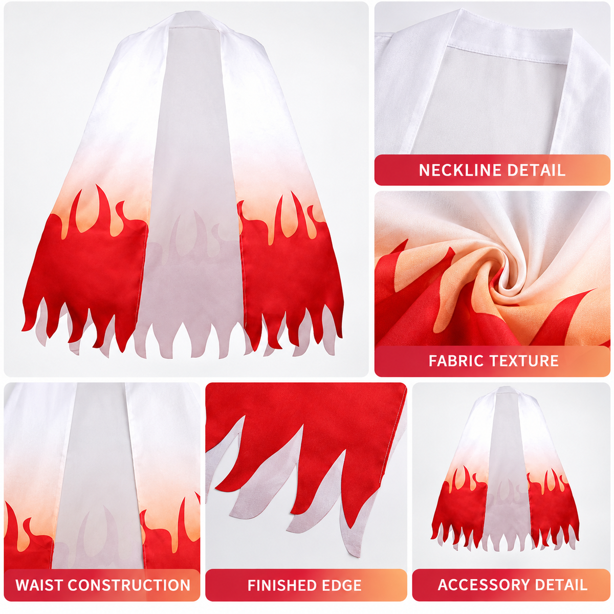 Long sleeveless cape with an open front and a shaped edge, white with red flames