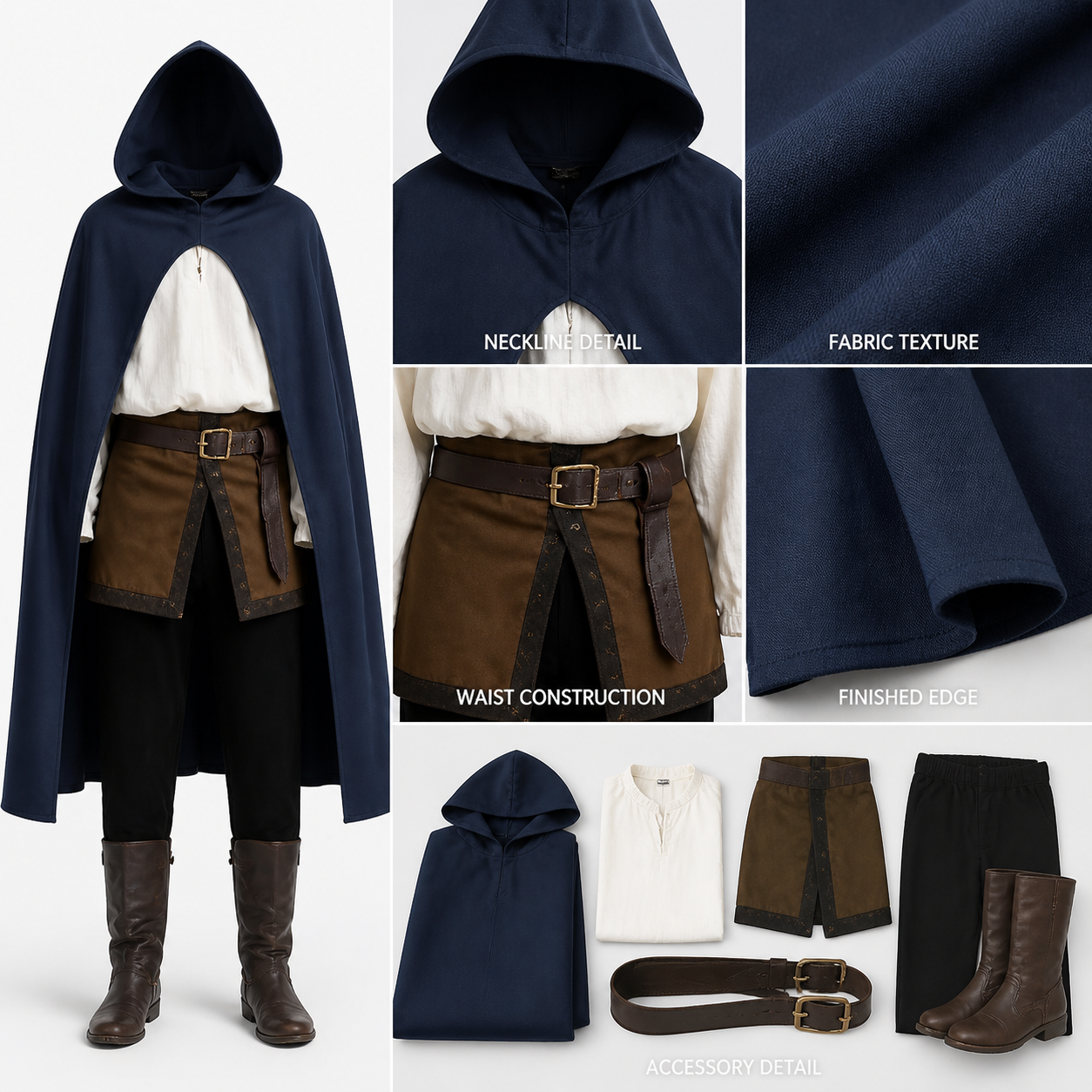 Halloween Costume Women Medieval Hooded Cape, Dark Blue Long with Front Clasp detail view 4