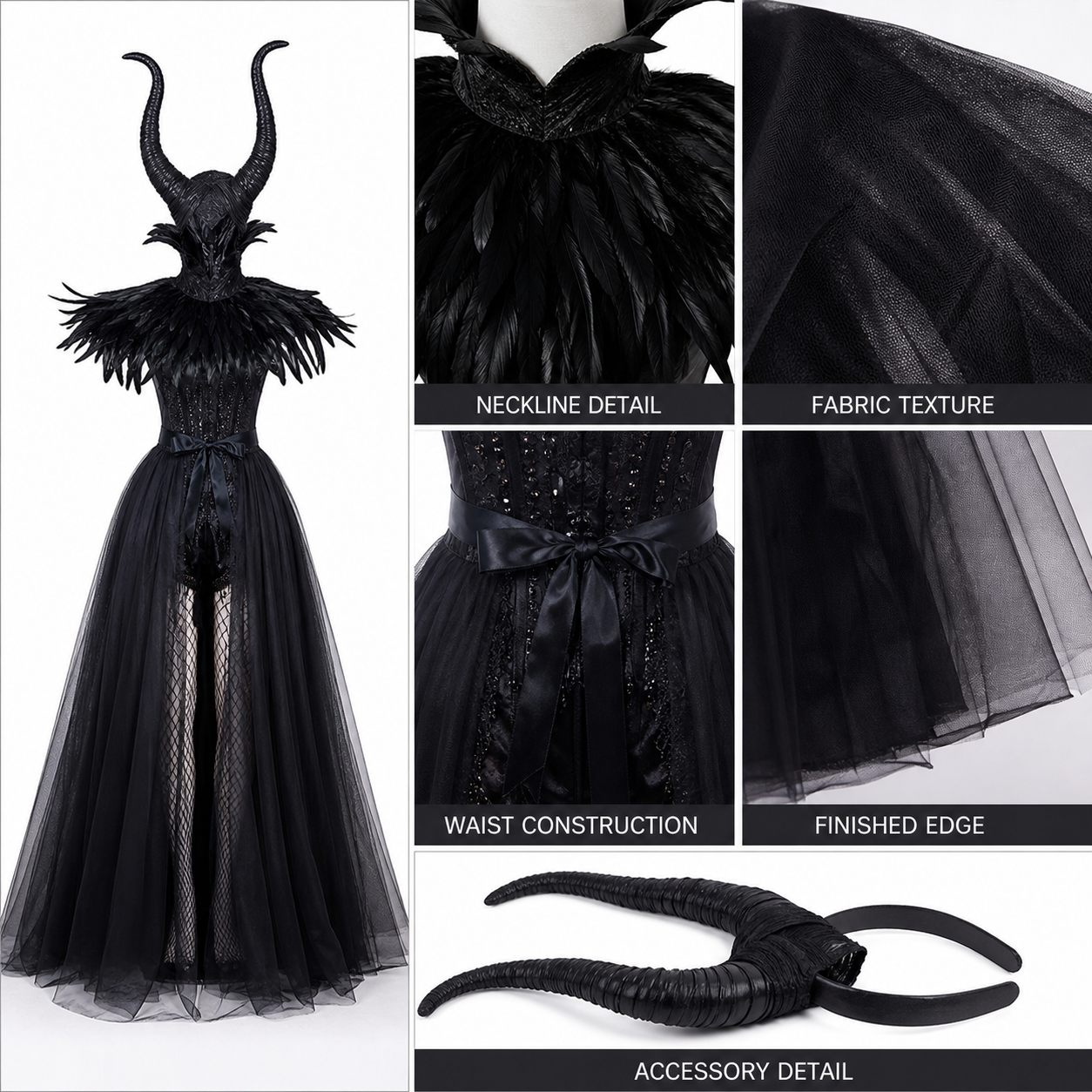 Women's Halloween Demon Costume Set - Black Mesh Long Dress, Stockings, Horned