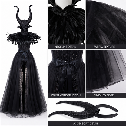Women's Halloween Demon Costume Set - Black Mesh Long Dress, Stockings, Horned