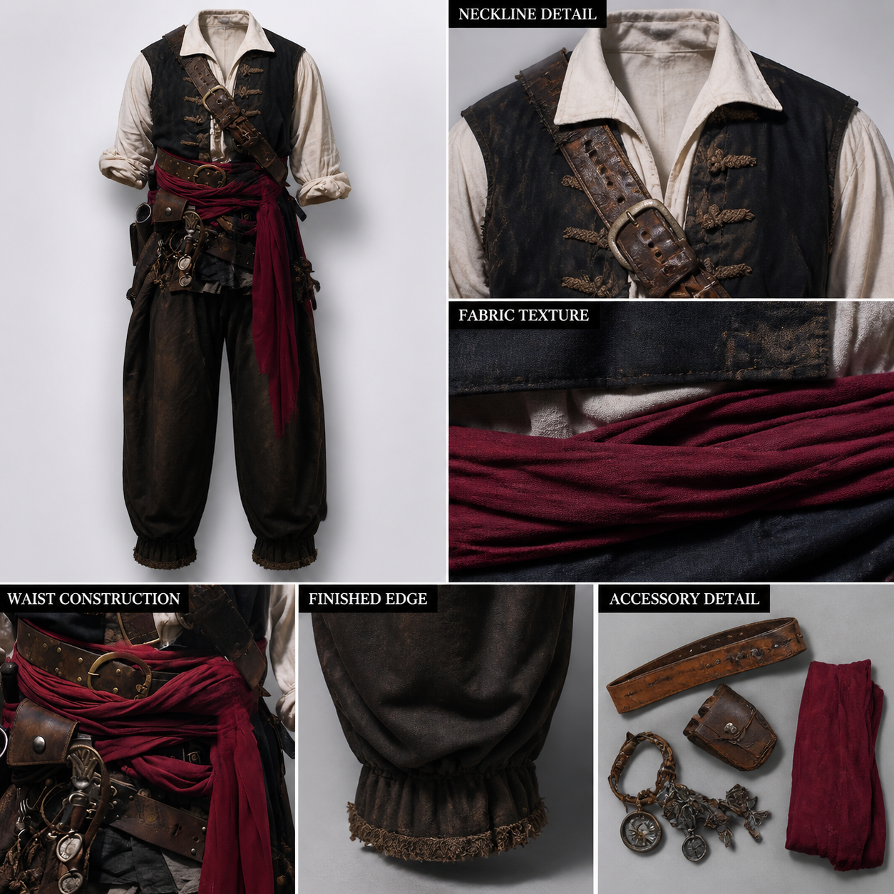 Adult Pirate Costume Waist Sash Black Layered Wrap Long Strip Halloween Cosplay detail view 4