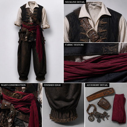 Adult Pirate Costume Waist Sash Black Layered Wrap Long Strip Halloween Cosplay detail view 4