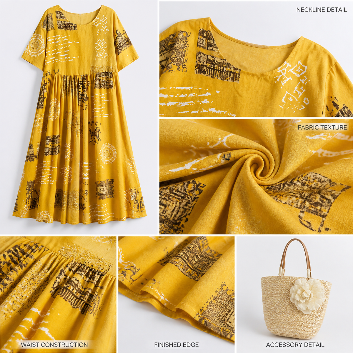 Women's Yellow Printed A-Line Maxi Dress with Short Sleeves, Round Neck, Pleated detail view 4