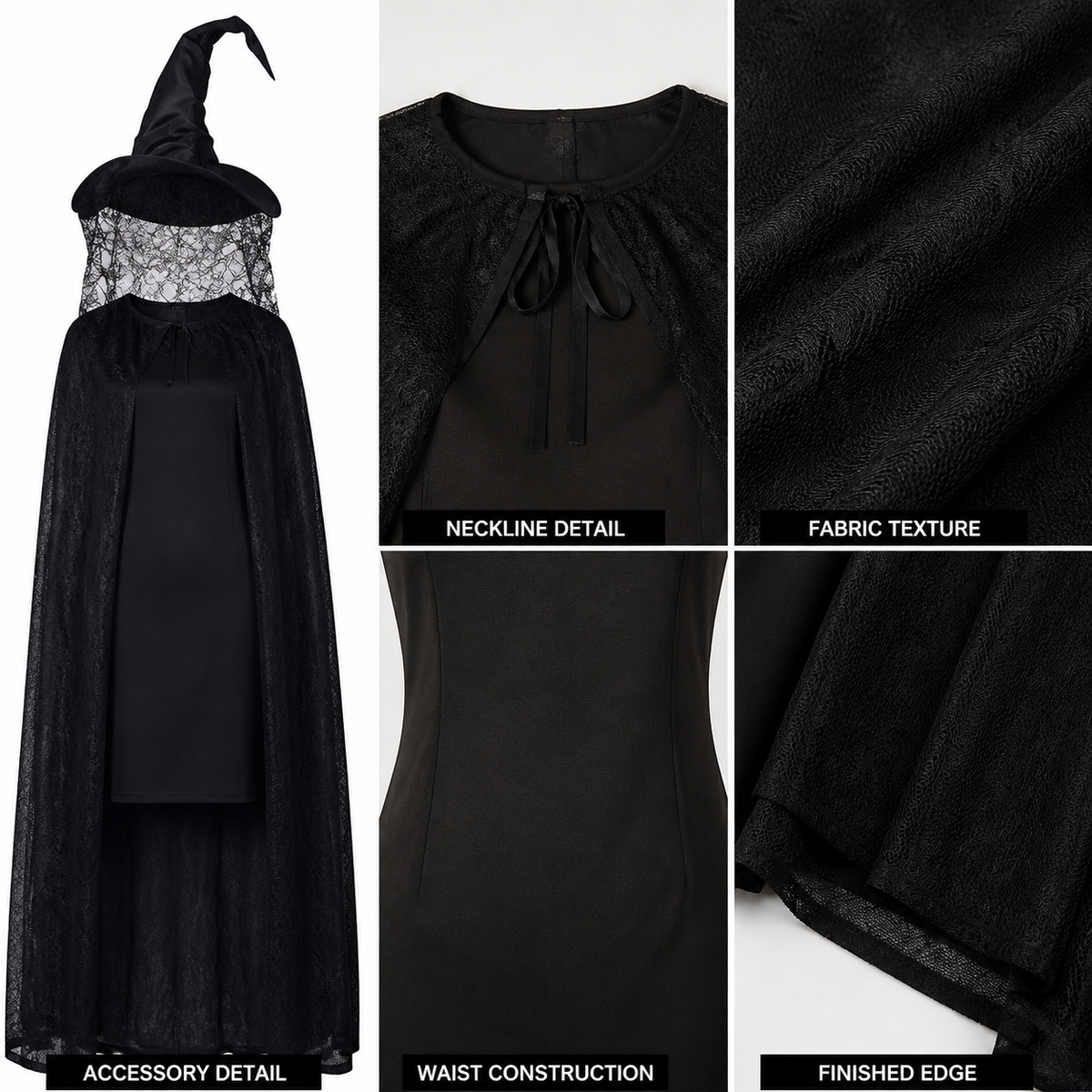 Halloween Witch Costume Set 2pcs Black Curved Pointed Hat and Long Cape 6