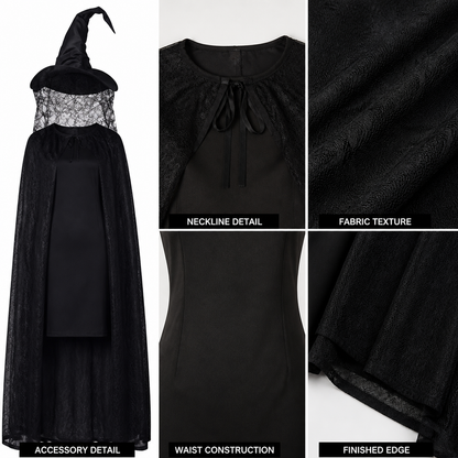 Halloween Witch Costume Set 2pcs Black Curved Pointed Hat and Long Cape 6