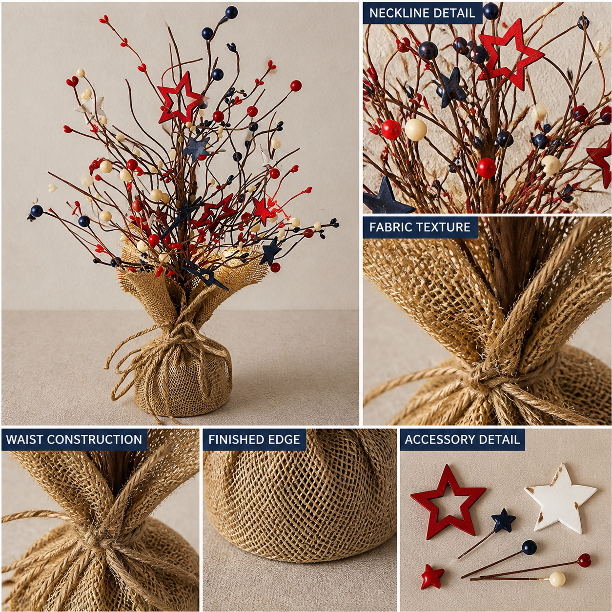 Rustic LED Starry Tabletop Decoration with Burlap Base, Red White Blue Beads and detail view 4