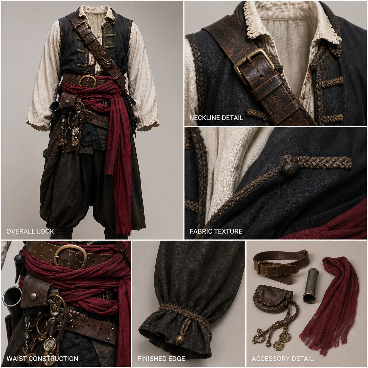 Women's Red Pirate Waist Sash Wrap Belt with Long Front Drape, Halloween Cosplay detail view 4