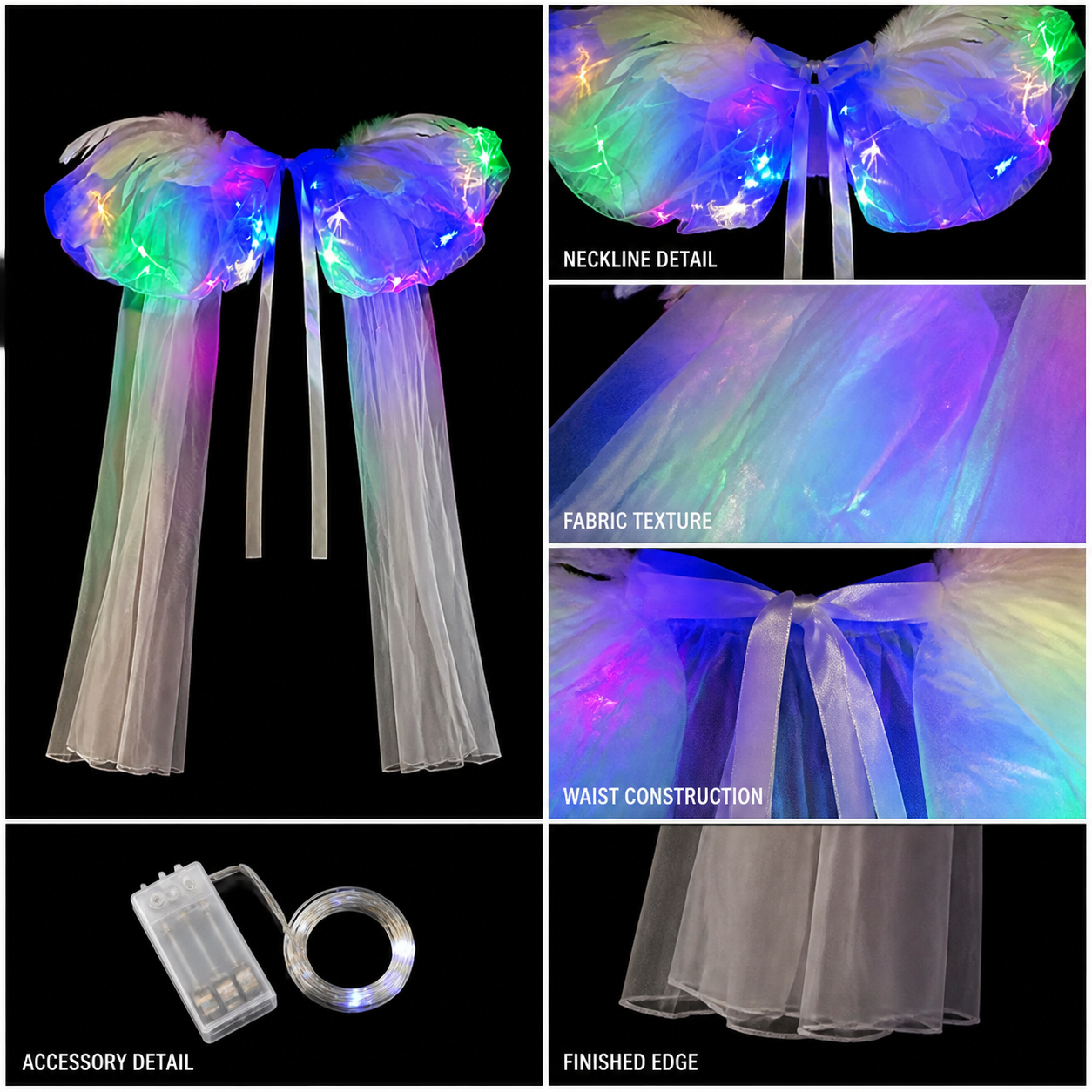 White Glowing Mesh Cape Costume for Women Halloween Party Long Sheer Cape with detail view 4