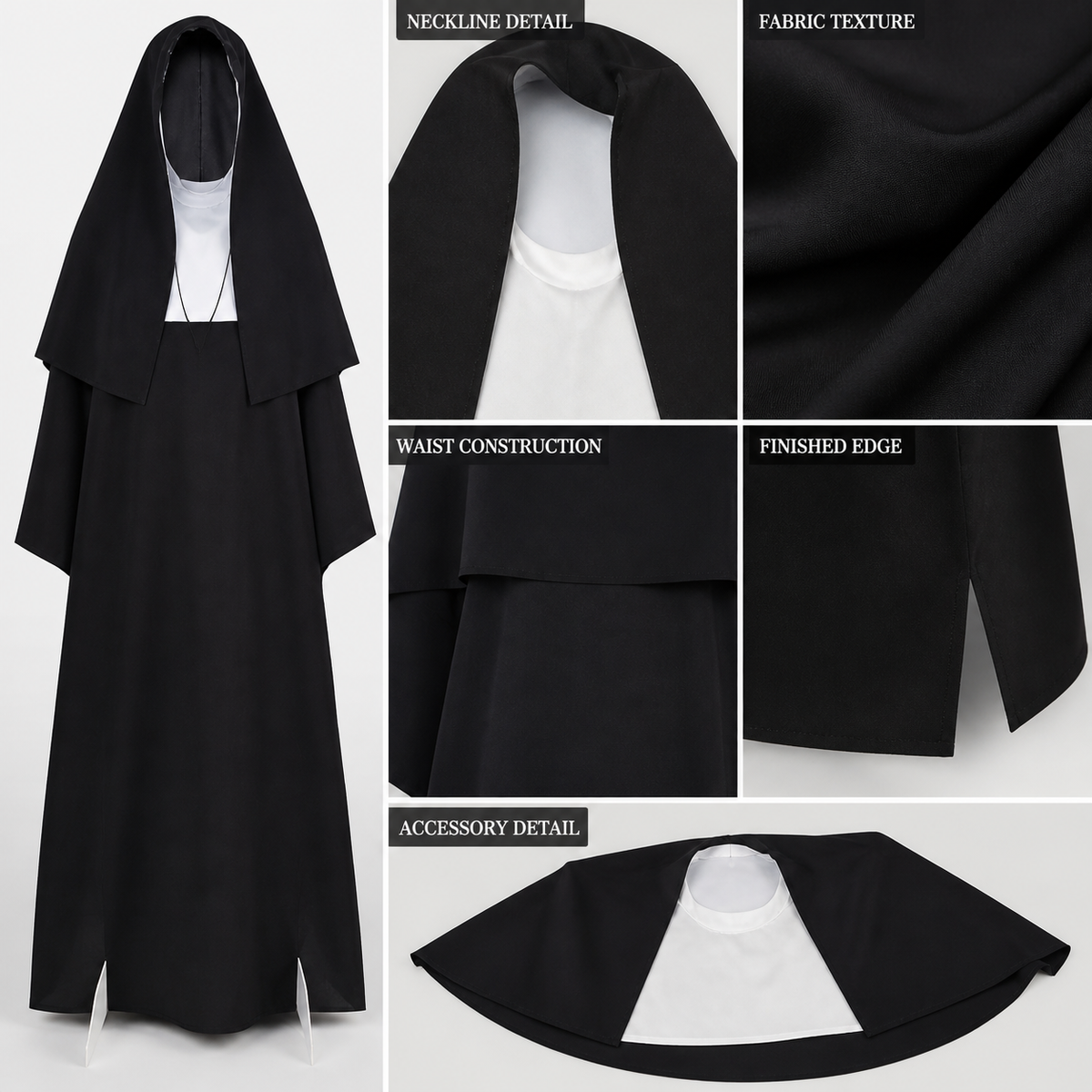 Adult Gothic Nun Halloween Costume, Black Hooded Robe with Scary Face Print product view 6