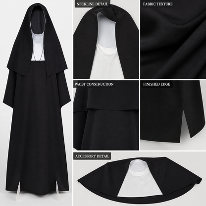 Adult Gothic Nun Halloween Costume, Black Hooded Robe with Scary Face Print product view 6