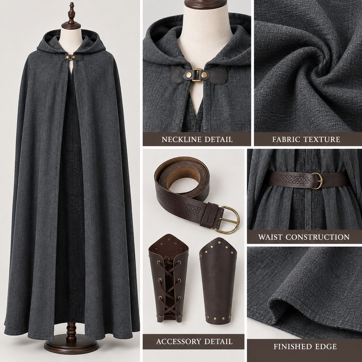 Gray polyester cape-cloak — an outerwear style worn over other clothing
