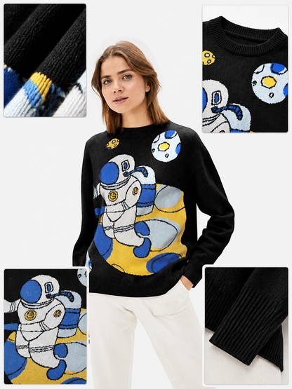Black Crew Neck Long Sleeve Knit Sweater with Space Themed Astronaut and Planet