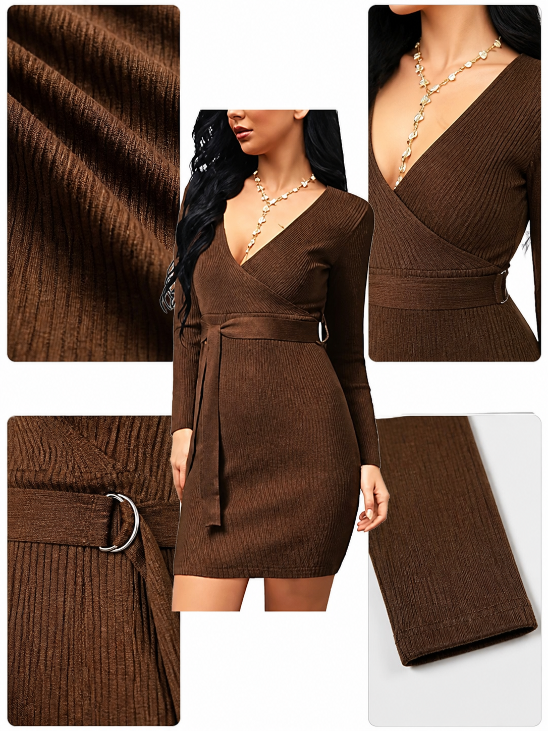 Women's Brown V-Neck Knit Dress with Tie Waist, Long Sleeves, and Vertical Knit