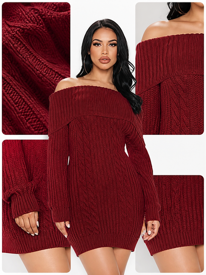 Wine Red Off-Shoulder Knitted Midi Dress with Cable Knit Texture, Long Sleeves