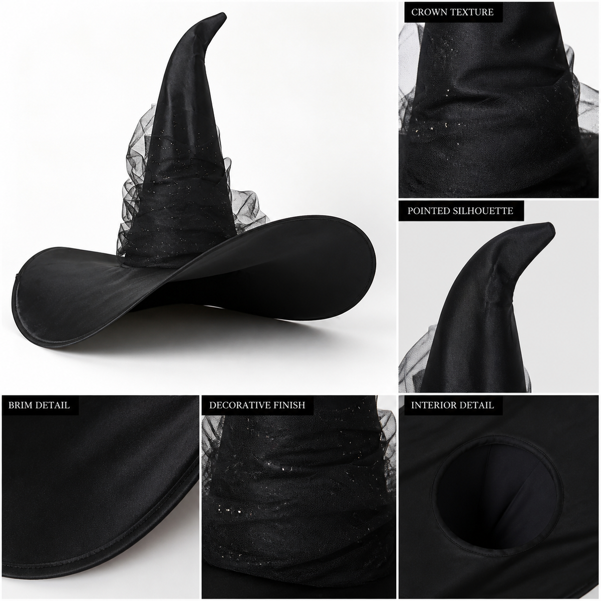 1pc Black Halloween Witch Hat Wide Brim Tall Pointed Wizard Cap with Mesh main product view 6