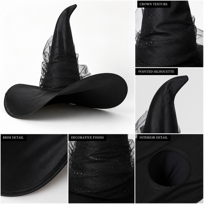 1pc Black Halloween Witch Hat Wide Brim Tall Pointed Wizard Cap with Mesh main product view 6