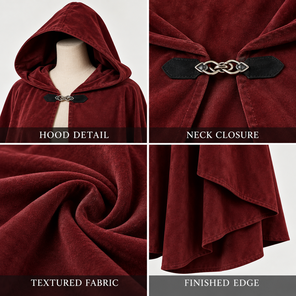 Long-length carnival cloak with a hood and a closure at the neckline, loose