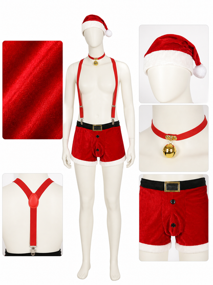 Red and White Christmas Santa Costume Set with Shorts, Suspenders, Hat, Belt main product view 3