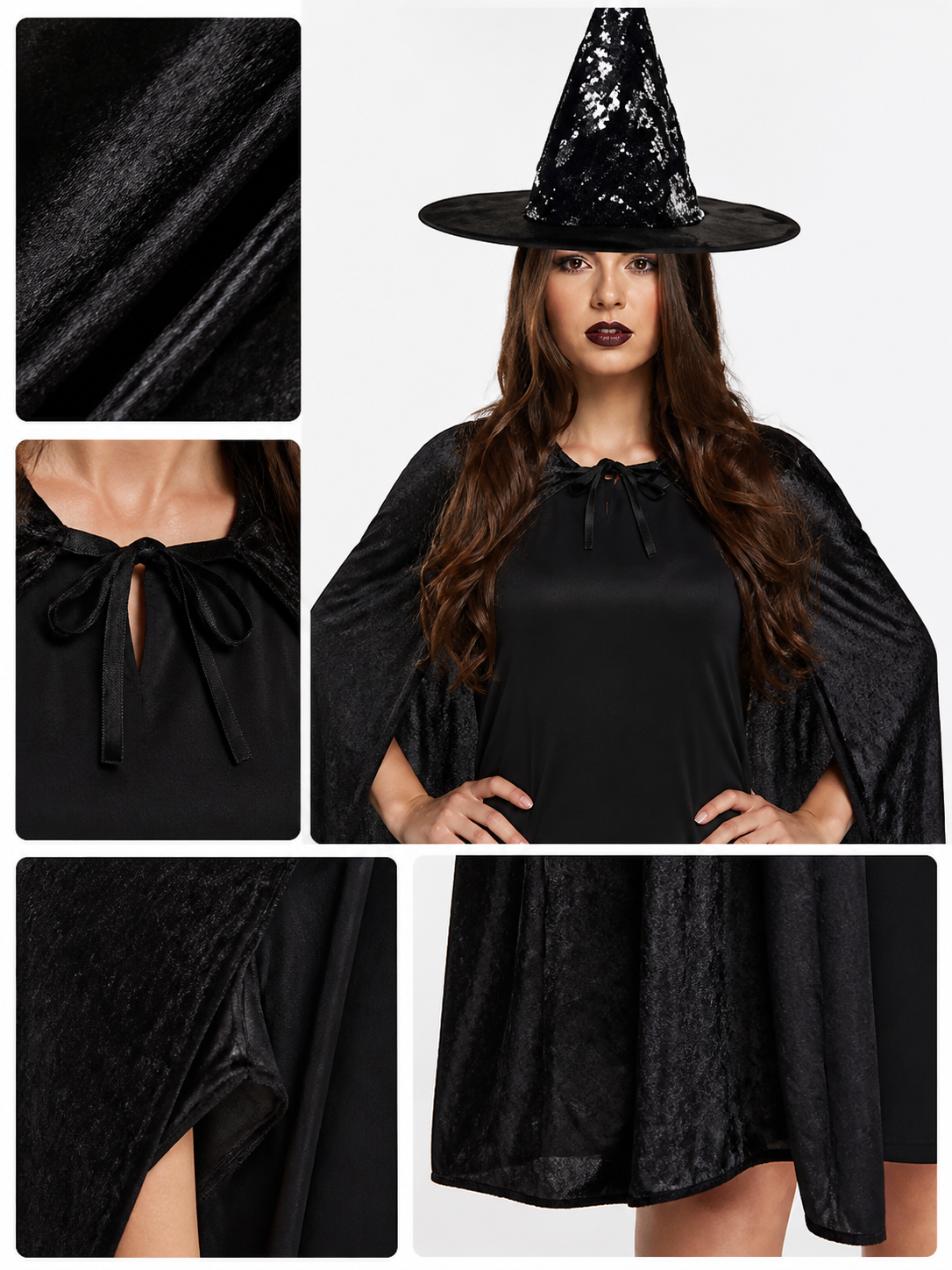 The Witch Hat and Cape Costume Set - Shiny Pointed Hat with Wide Brim, Long