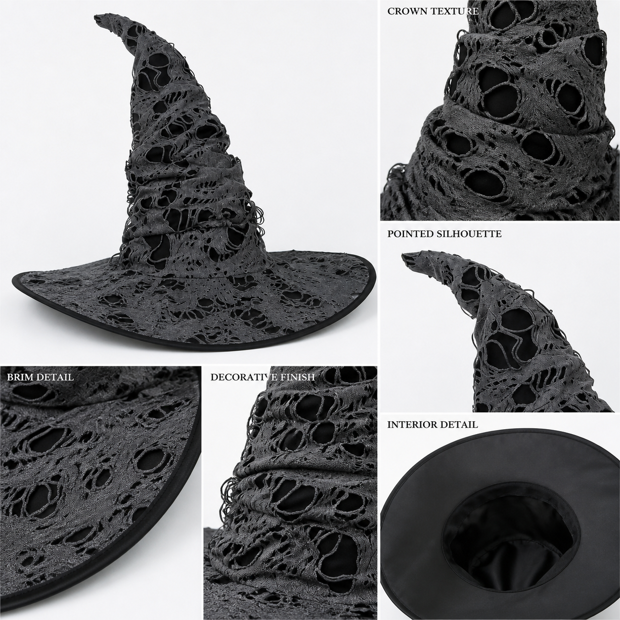 Gray Black Halloween Witch Hat For Women Wide Brim Curved Pointed Tattered Torn main product view 7