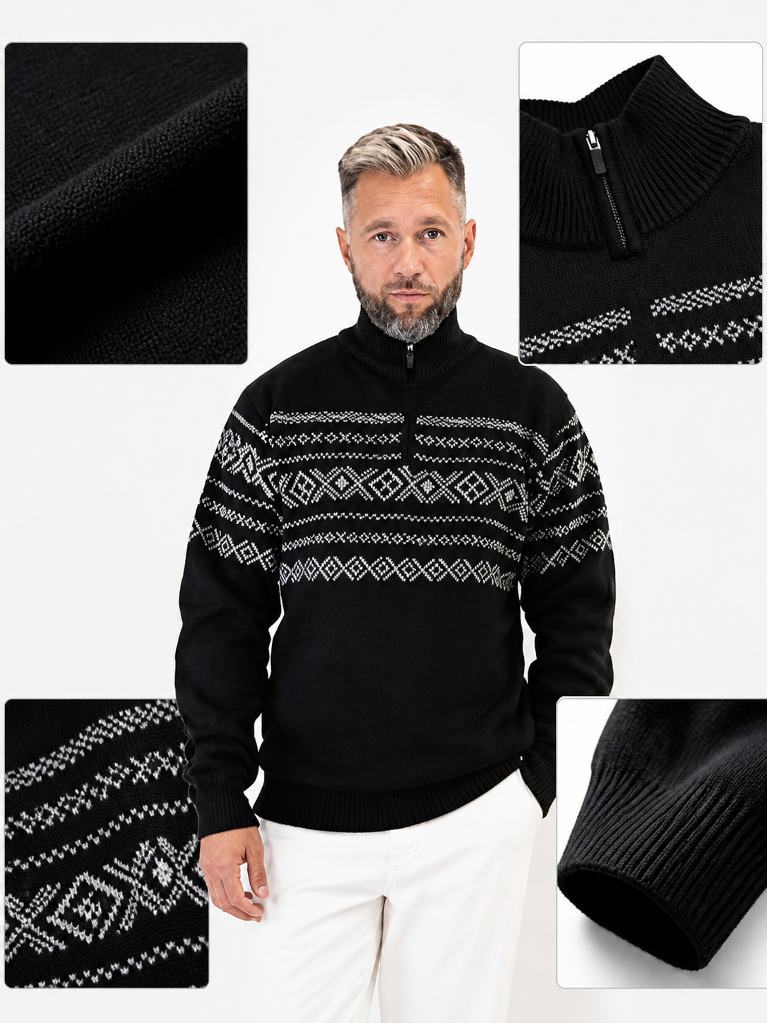 Retro Nordic Black Knit Sweater with Stand Collar, Half-Zip, and White Diamond
