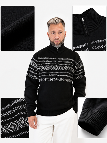 Retro Nordic Black Knit Sweater with Stand Collar, Half-Zip, and White Diamond