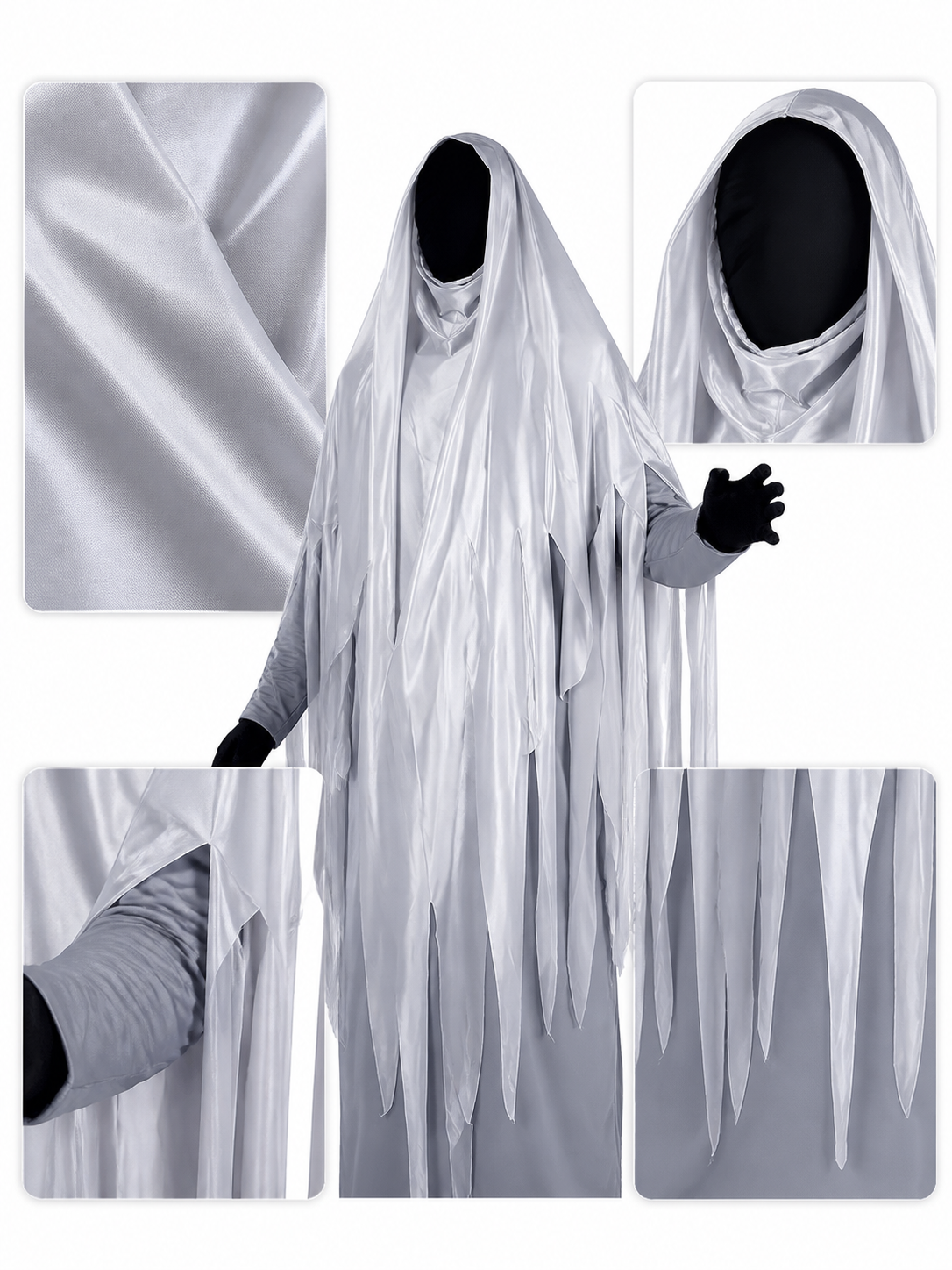 Ghostly Gray Grim Reaper Hooded Full Body Costume with Tattered Fringes main product view