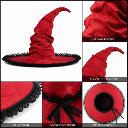 Red and Black Wide Brim Witch Hat, Tall Curved Pointed Top with Black Lace Trim main product view 5