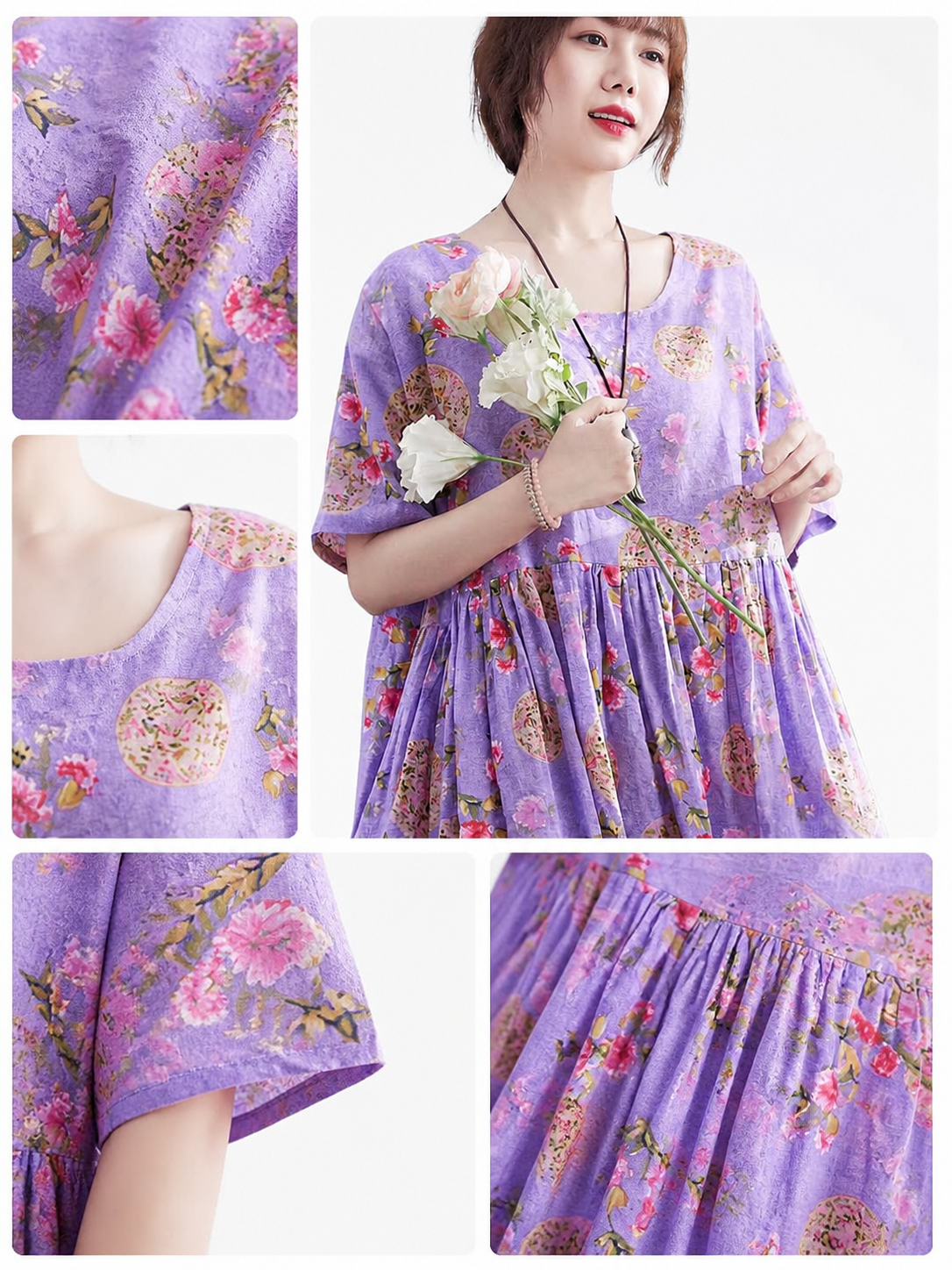 Purple Floral Print Short Sleeve Round Neck Long Dress with Drawstring Waist and main product view