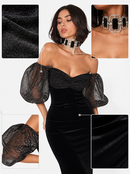 Black Off-Shoulder Dress with Long Puff Sleeves, Shiny Texture, Fitted