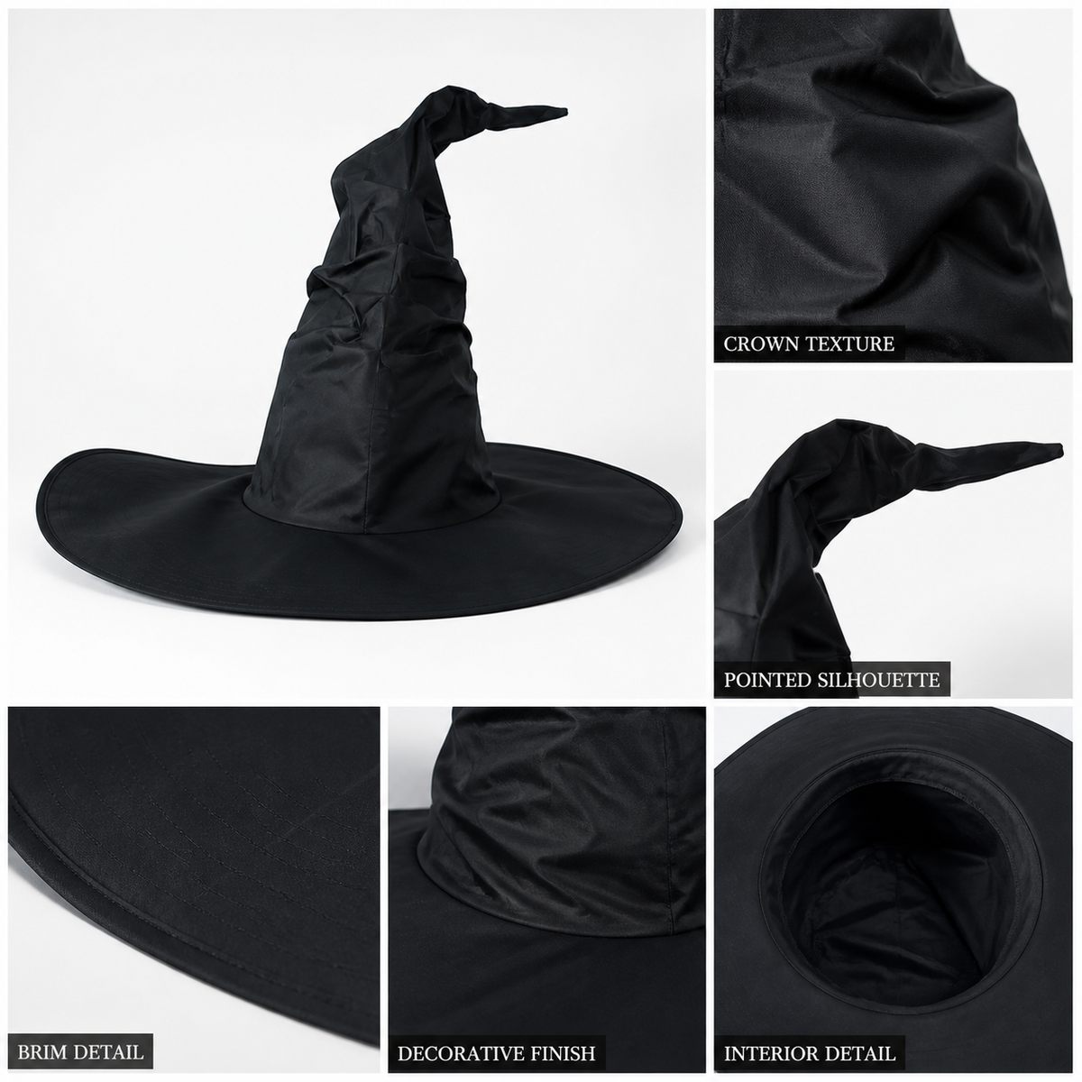Black Halloween Witch Hat Wide Brim Pointed Wizard Hat Ruched Asymmetrical Brim main product view 4