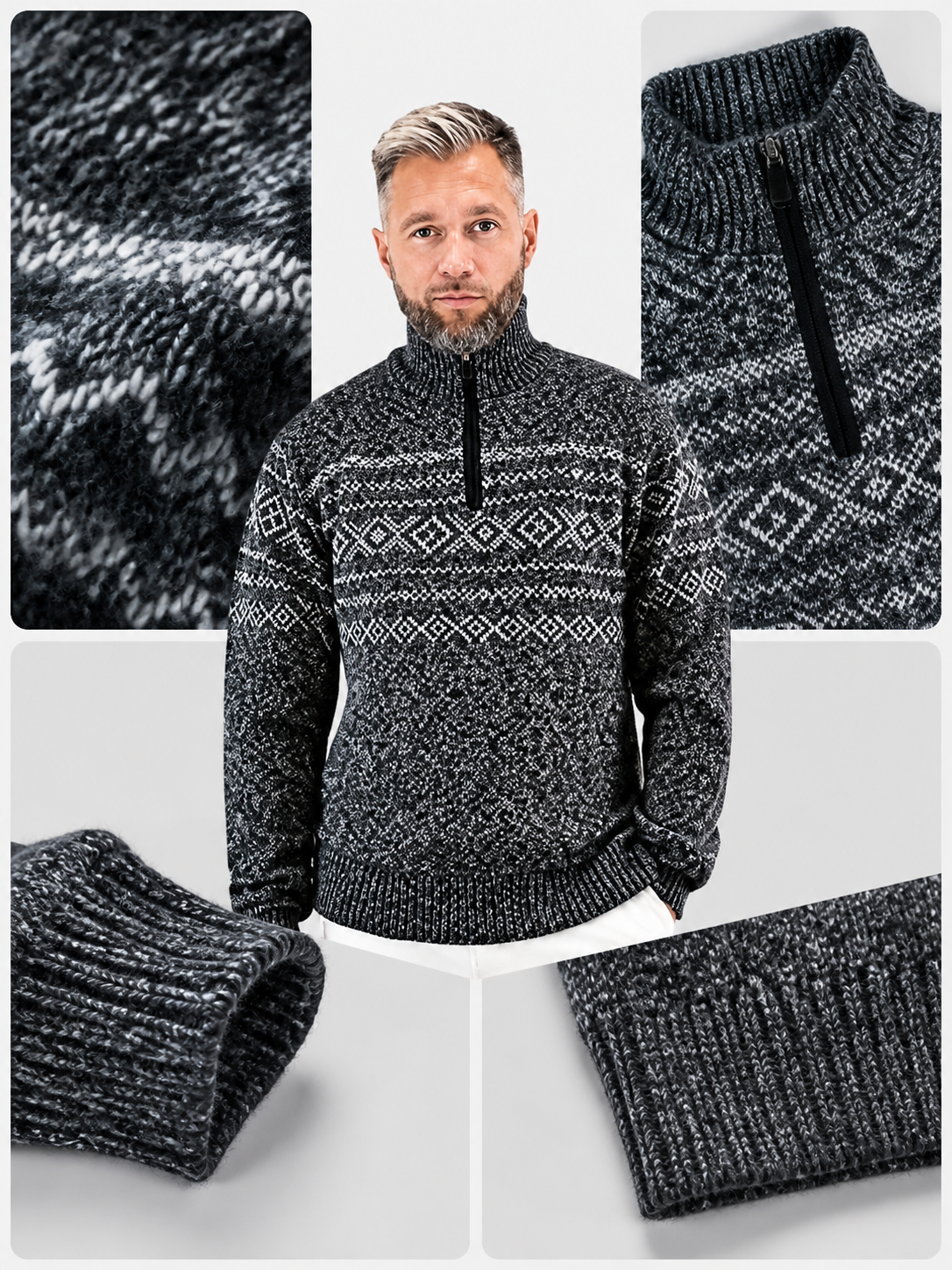 Gray Half-Zip High Collar Knit Sweater with Geometric Jacquard Pattern, Long
