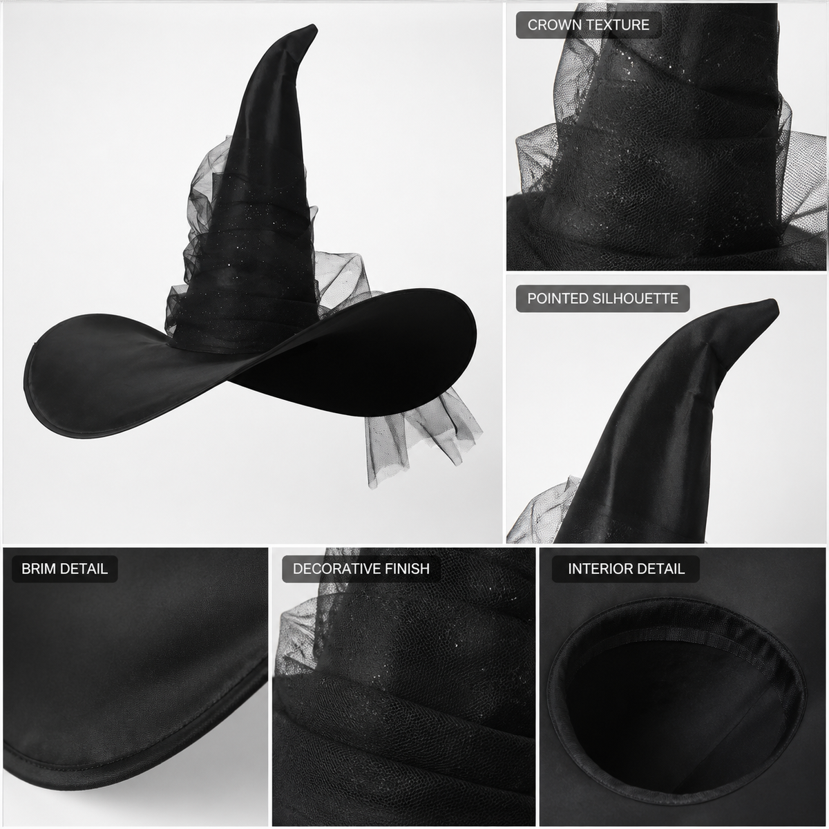 1pc Black Halloween Witch Hat Wide Brim Tall Pointed Wizard Cap with Mesh main product view 4