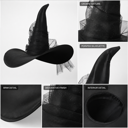 1pc Black Halloween Witch Hat Wide Brim Tall Pointed Wizard Cap with Mesh main product view 4