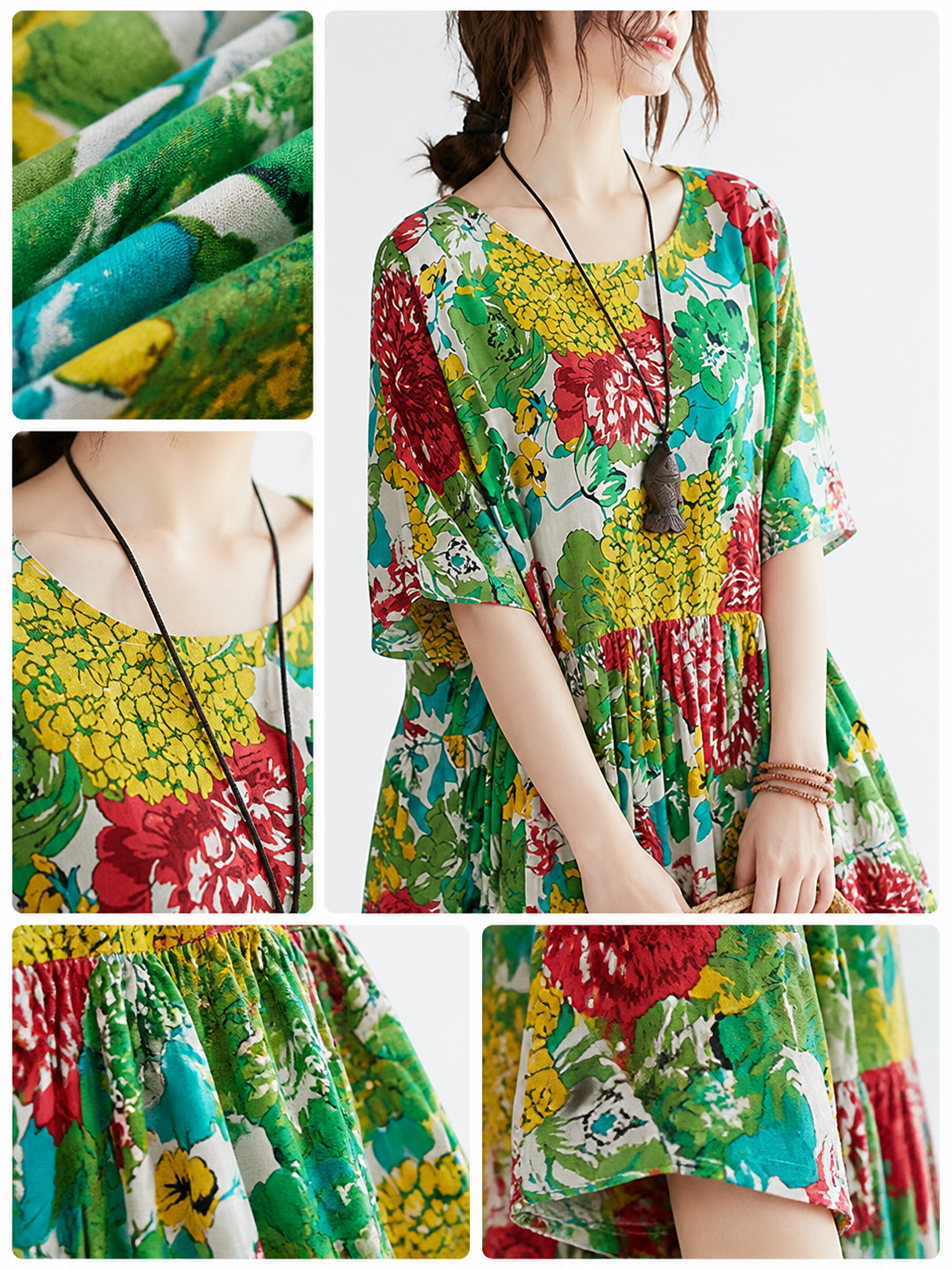 Green Multicolor Floral Print Long Dress with Short Sleeves, Round Neck, Wide main product view