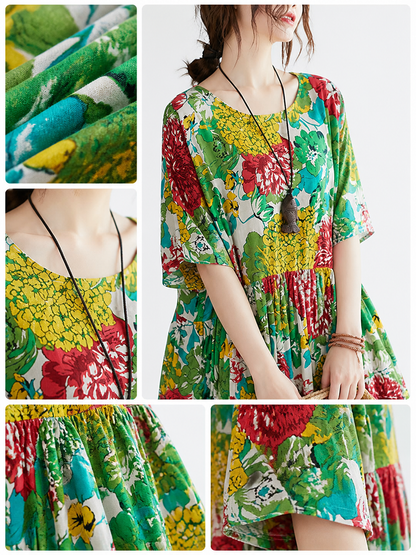 Green Multicolor Floral Print Long Dress with Short Sleeves, Round Neck, Wide main product view