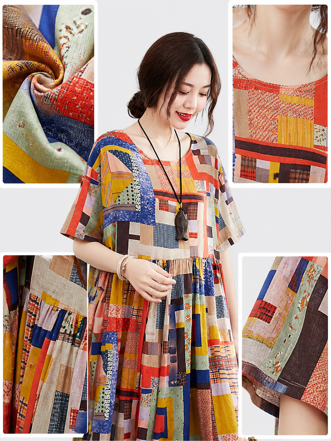 Colorful Geometric Patchwork Print Short Sleeve Long A-Line Dress with Round main product view