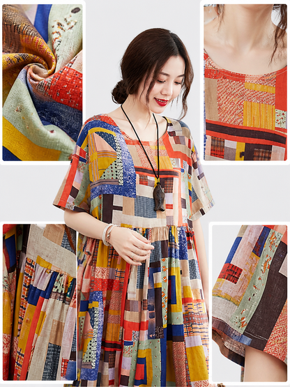 Colorful Geometric Patchwork Print Short Sleeve Long A-Line Dress with Round main product view