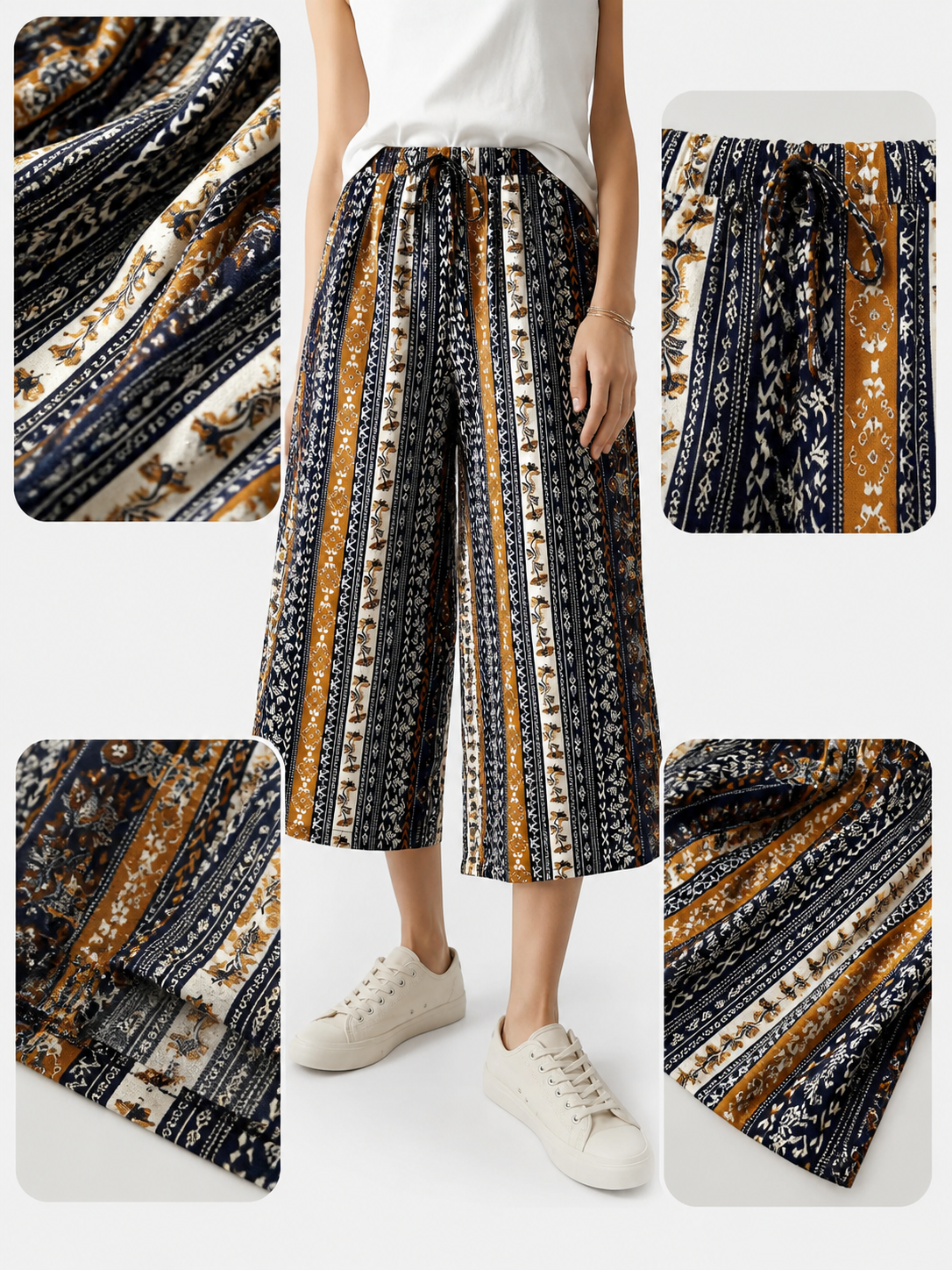 Bohemian High-Waist Wide-Leg Drawstring Pants with Multi-Color Vertical Stripes main product view 4