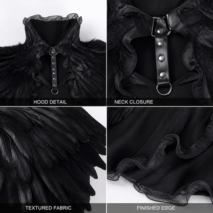 Black Gothic Feather Ruffle Cape & Wrist Set, Semi-Sheer Mesh Trim, Layered