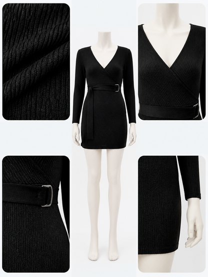 Black V-Neck Tie Waist Knit Dress with Long Sleeves, Slim Fit, Short Length, and