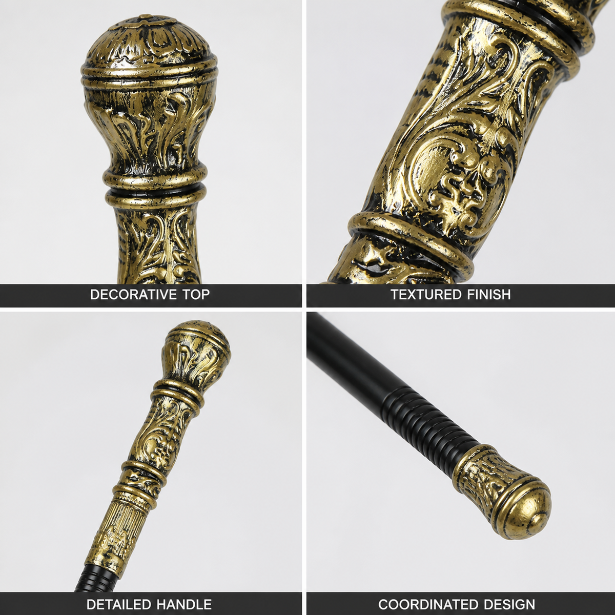 1pc Antique Gold Carved Round Head Scepter Prop, Black Shaft, Plant Motif Relief