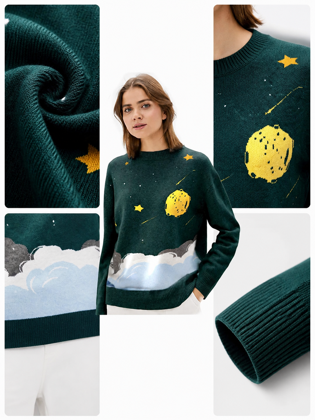 Deep Green Knit Sweater with Night Sky Star and Moon Pattern, Round Neck, Ribbed