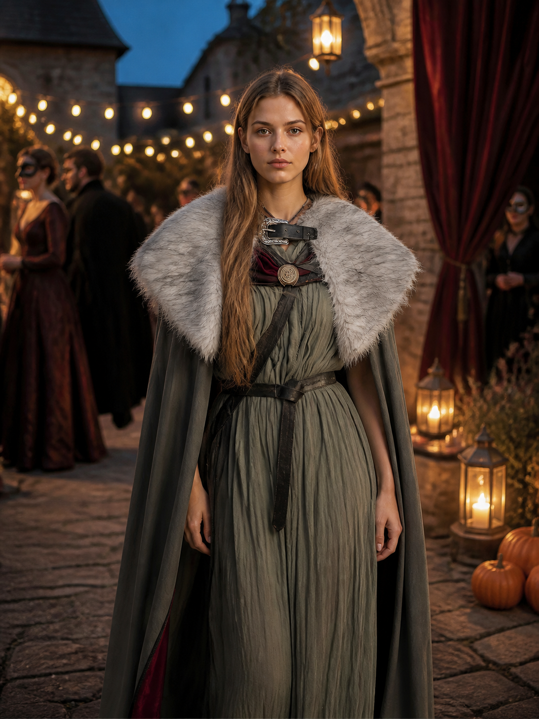 Adult Viking Cape Costume, Fluffy Gray-White Shoulder Edge, Gold Emblem & Button main product view 2