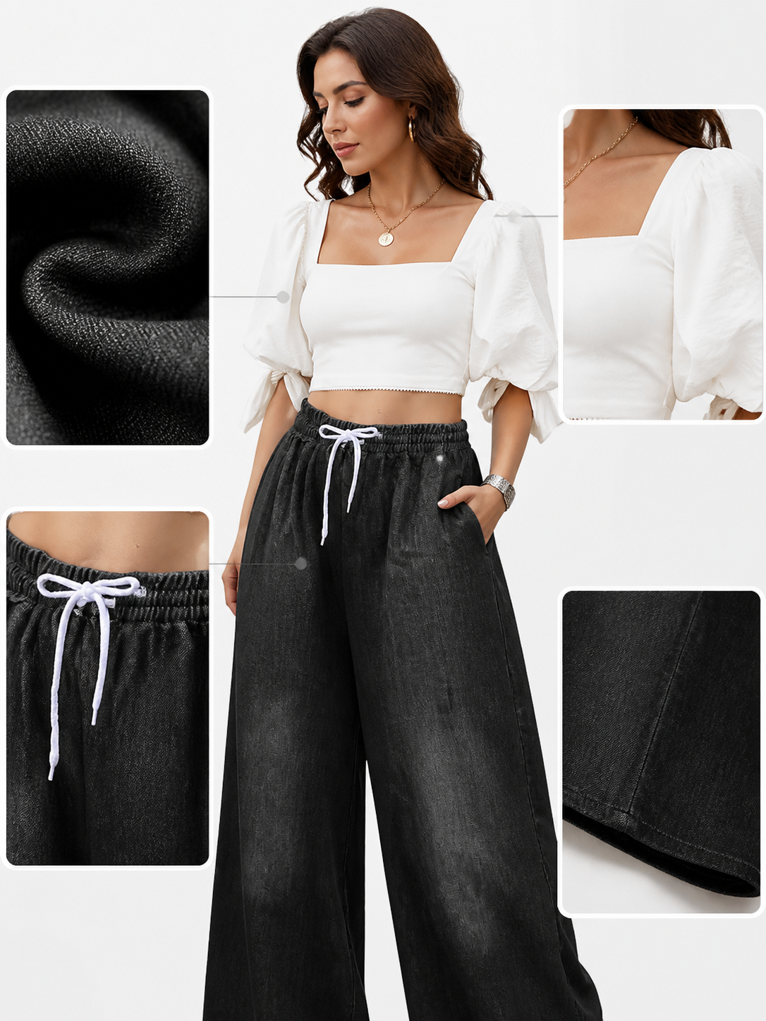 Solid Black Wide-Leg Pants with Elastic Waist and Contrast White Drawstrings main product view 9