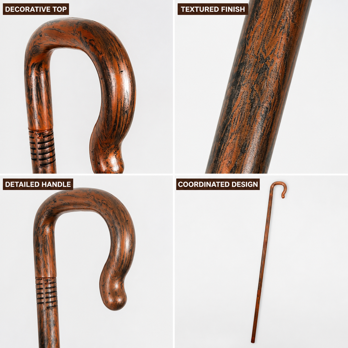 1pc Brown Crook Handle Staff Prop, Vintage Style Wood Texture Finish, Ring main product view 2